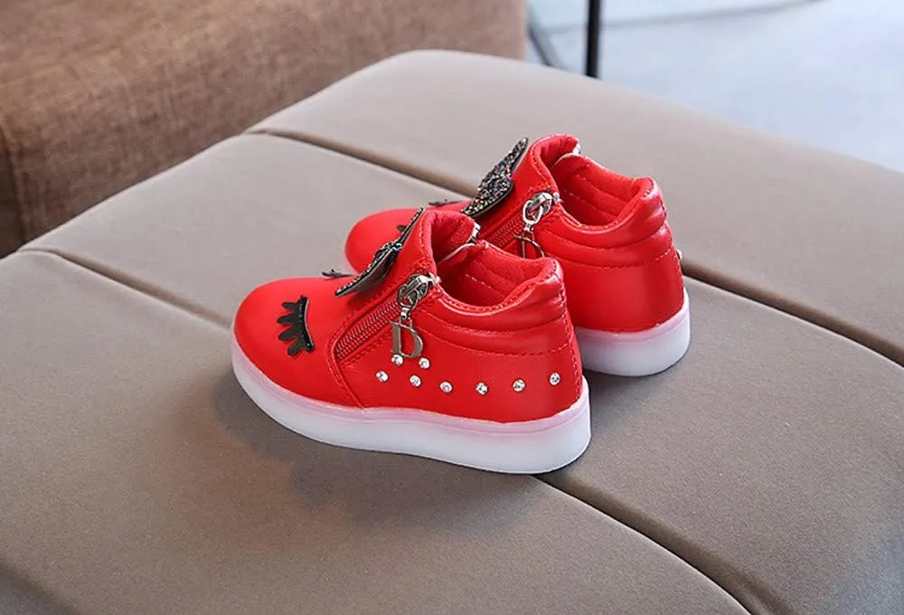 Infant Girls LED Crystal Boots Toddler Luminous Zipper High Top Sport Shoes Bowknot Pearl Water Proof Shoes