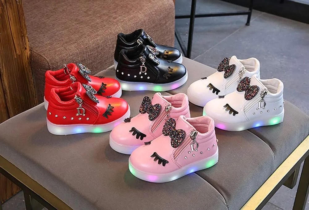 Infant Girls LED Crystal Boots Toddler Luminous Zipper High Top Sport Shoes Bowknot Pearl Water Proof Shoes