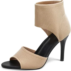 JishinGal High Heels for Women Peep Toe Heels Sandals Stretchy Knit Open Toe High Sexy 3 Inches Stiletto for Dressy and Everyday