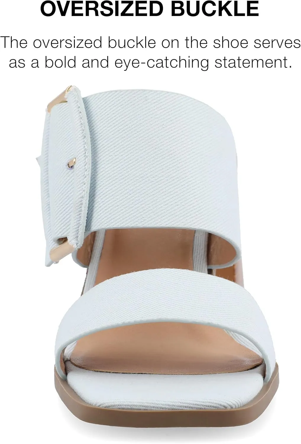 Journee Womens Denim Slip On Double Strap Oversized Buckle Stacked Block Heel Open Square Toe Junie Sandals