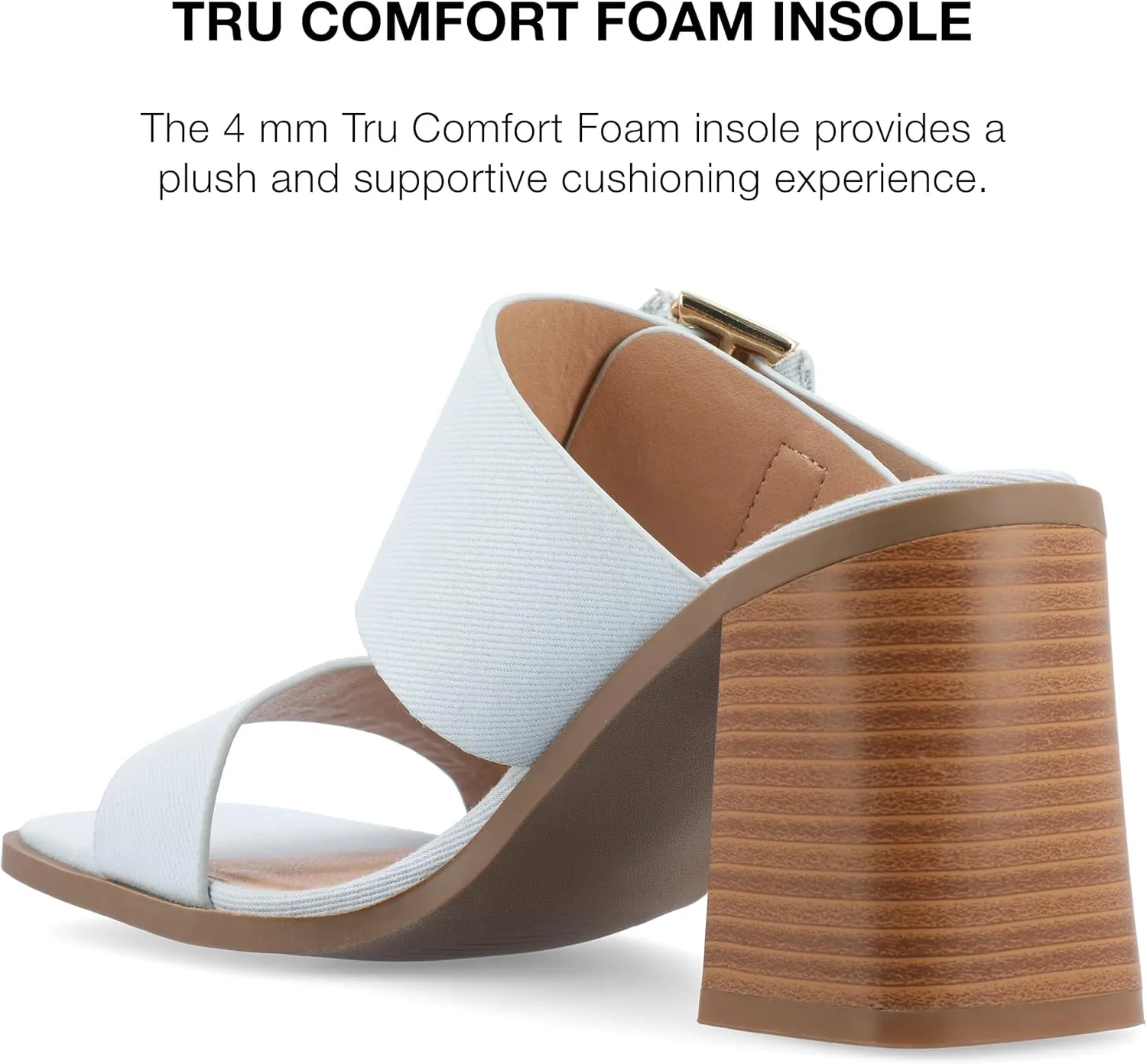 Journee Womens Denim Slip On Double Strap Oversized Buckle Stacked Block Heel Open Square Toe Junie Sandals