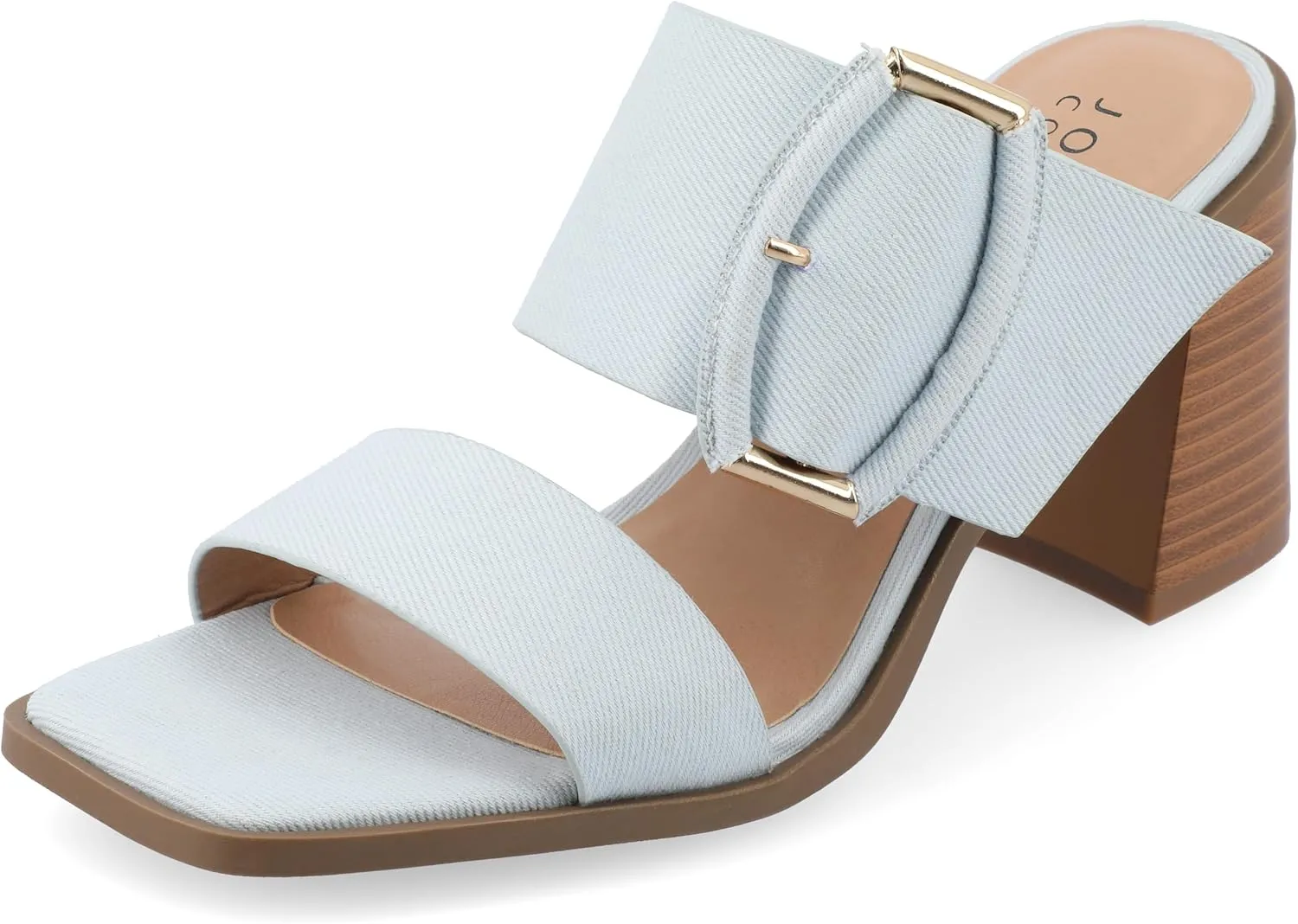 Journee Womens Denim Slip On Double Strap Oversized Buckle Stacked Block Heel Open Square Toe Junie Sandals
