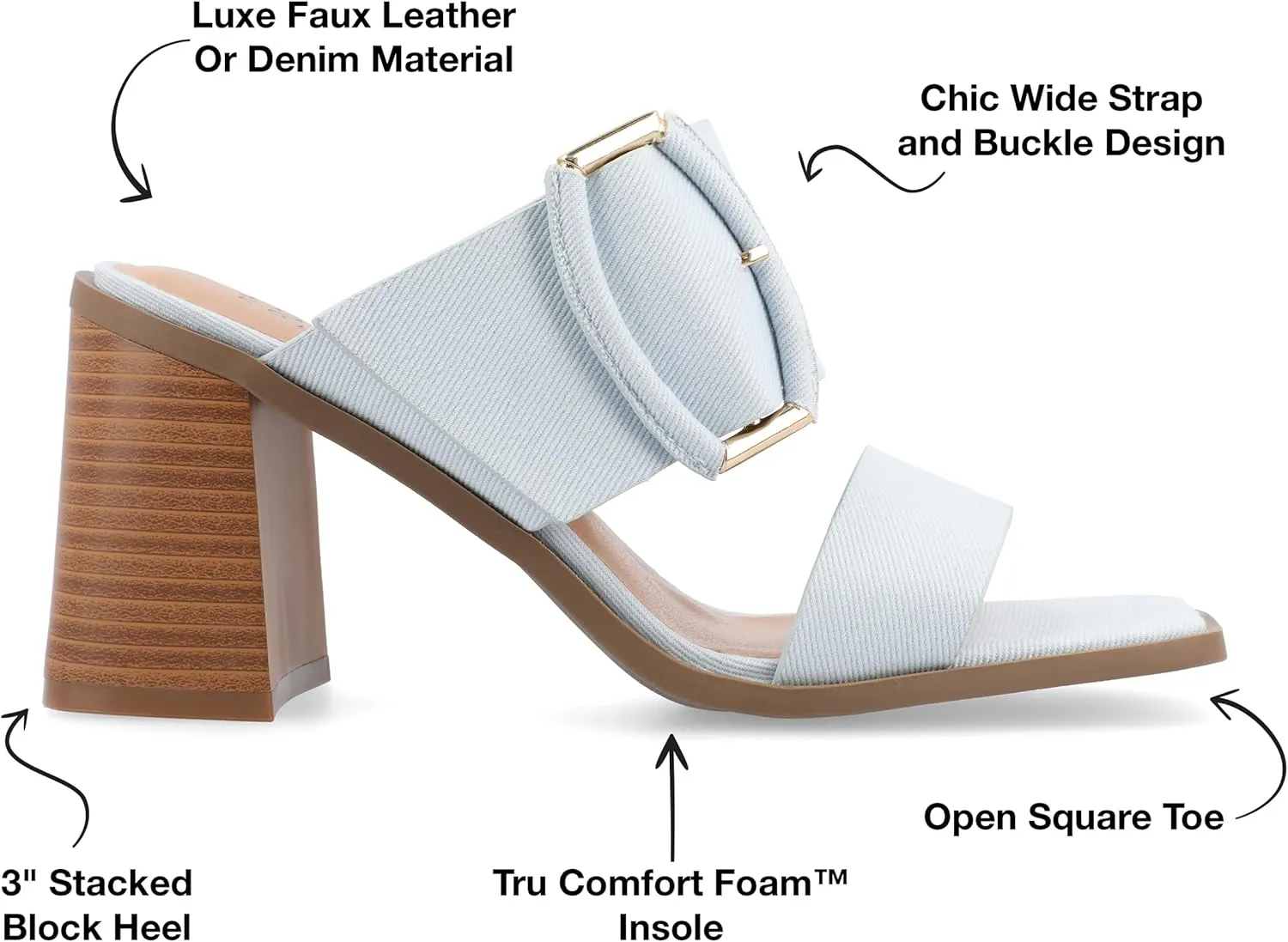 Journee Womens Denim Slip On Double Strap Oversized Buckle Stacked Block Heel Open Square Toe Junie Sandals