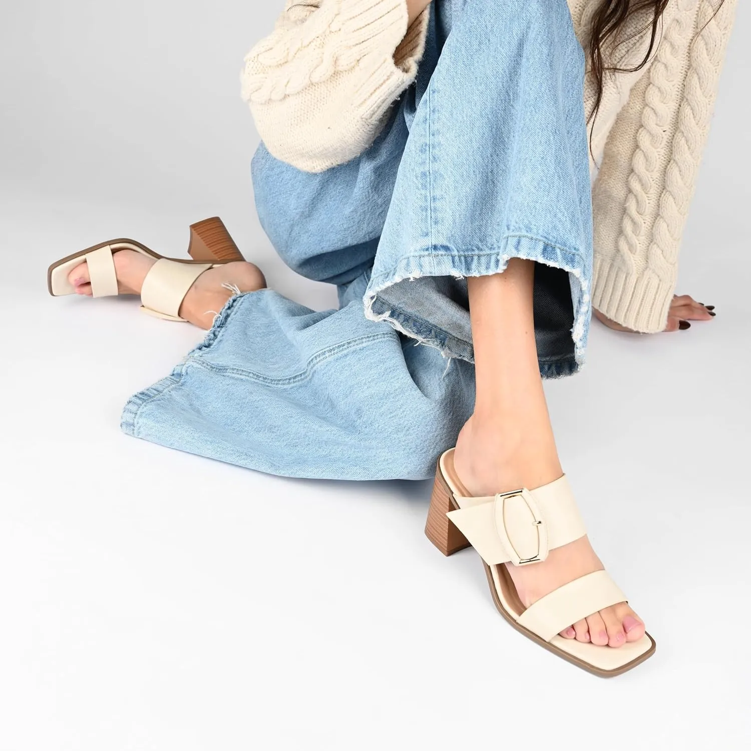 Journee Womens Denim Slip On Double Strap Oversized Buckle Stacked Block Heel Open Square Toe Junie Sandals