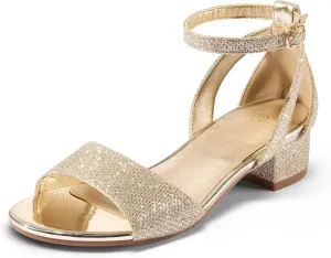 K KomForme Girls Sandals Low Chunky Heels Dress Pumps Ankle Strap Open Toe Flower Wedding Party Dress Shoes for Toddler/Little Kid/Big Kid