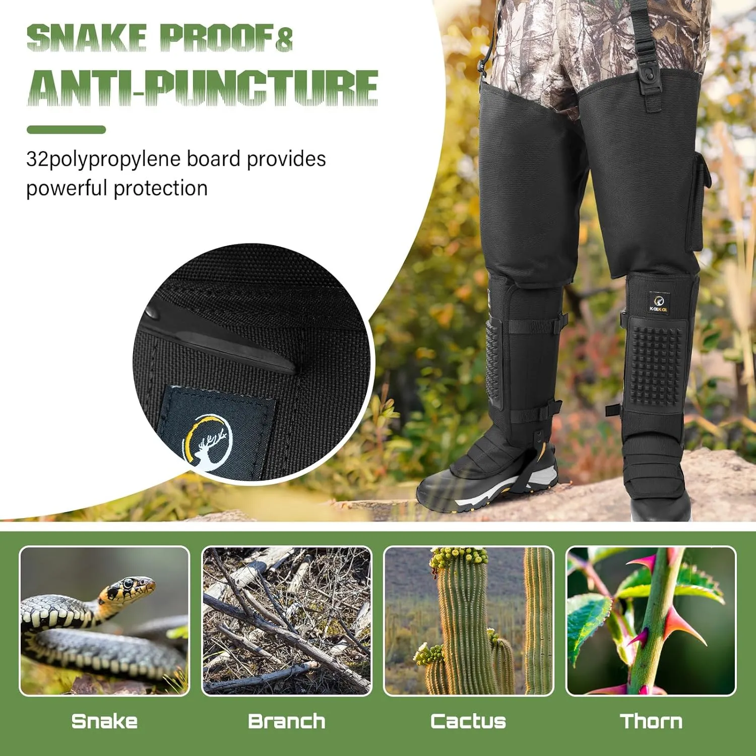 Kalkal Snake Gaiters, 1200D Waterproof Snake Chaps Snake Bite Protection for Ankle to Thigh, Snake Proof Gaiters Snake Guards with Adjustable Size for Men Women