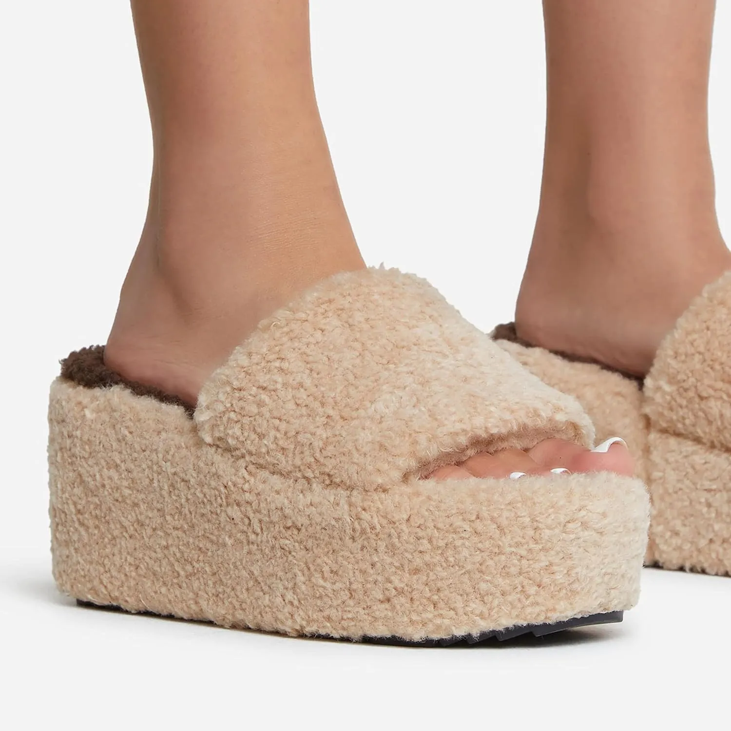 keleimusi Open Peep Toe Wedge Slides Heeled Sandals with Faux Shearling