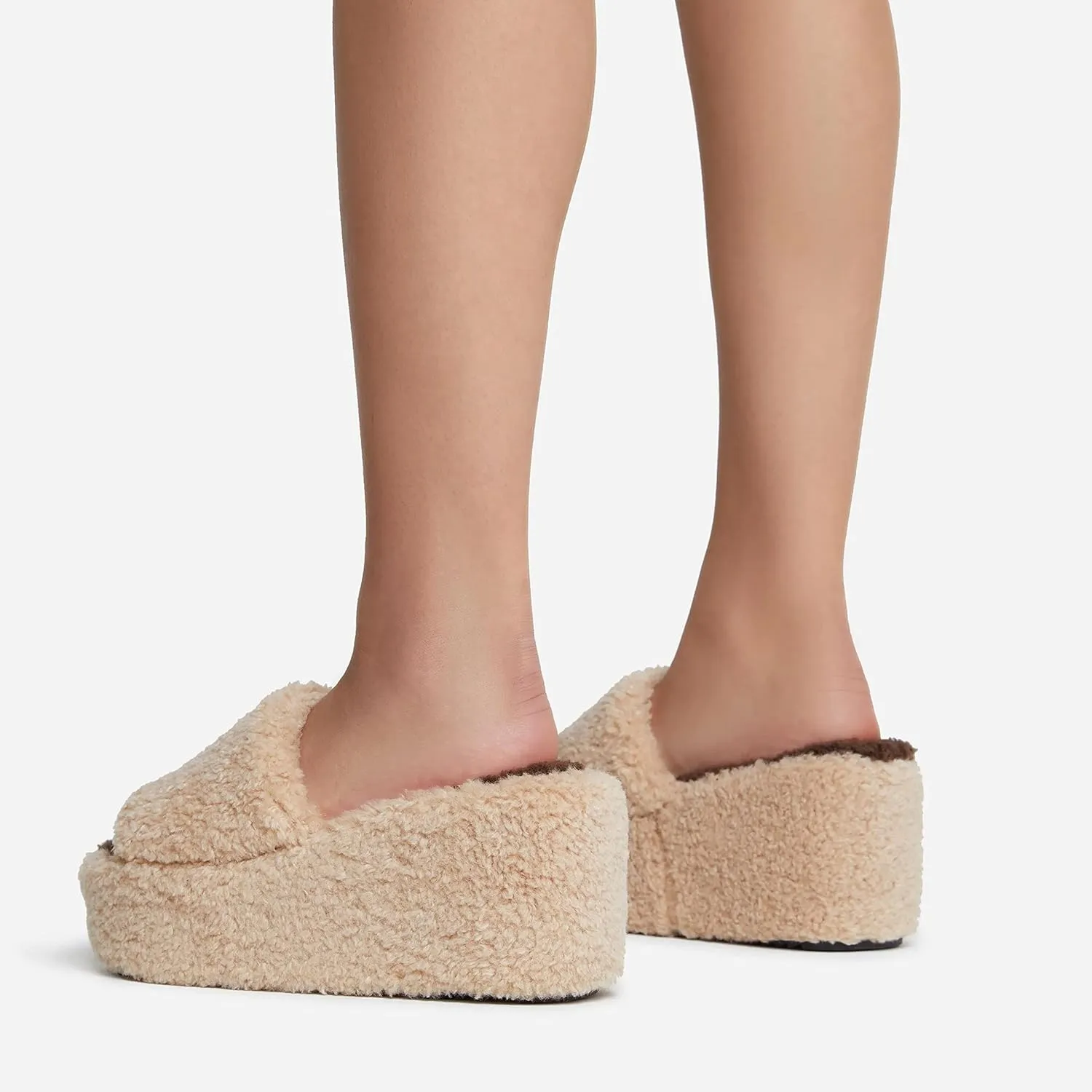 keleimusi Open Peep Toe Wedge Slides Heeled Sandals with Faux Shearling
