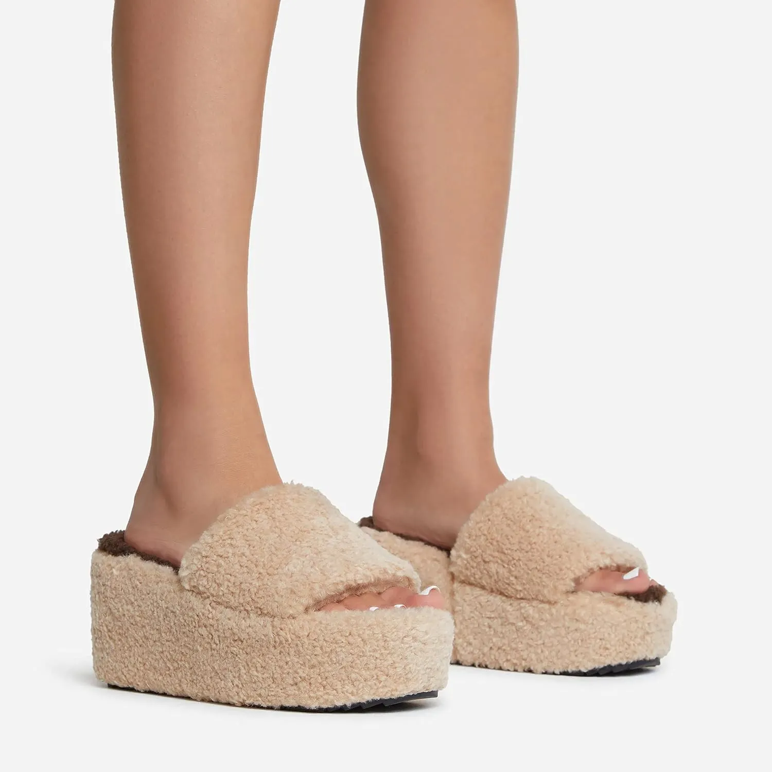 keleimusi Open Peep Toe Wedge Slides Heeled Sandals with Faux Shearling
