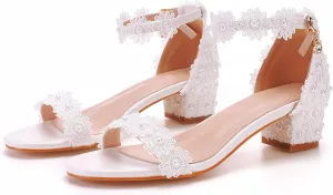 Ladies Beaded Wedding High Heels Thick Heel Sandals Wedding Shoes 7 cm Thick Heel Shallow Mouth White Lace