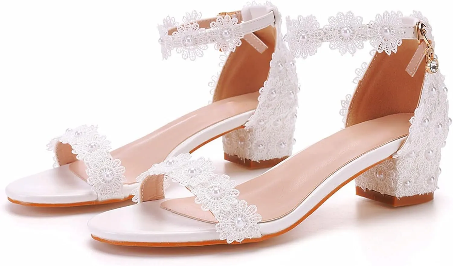 Ladies Beaded Wedding High Heels Thick Heel Sandals Wedding Shoes 7 cm Thick Heel Shallow Mouth White Lace