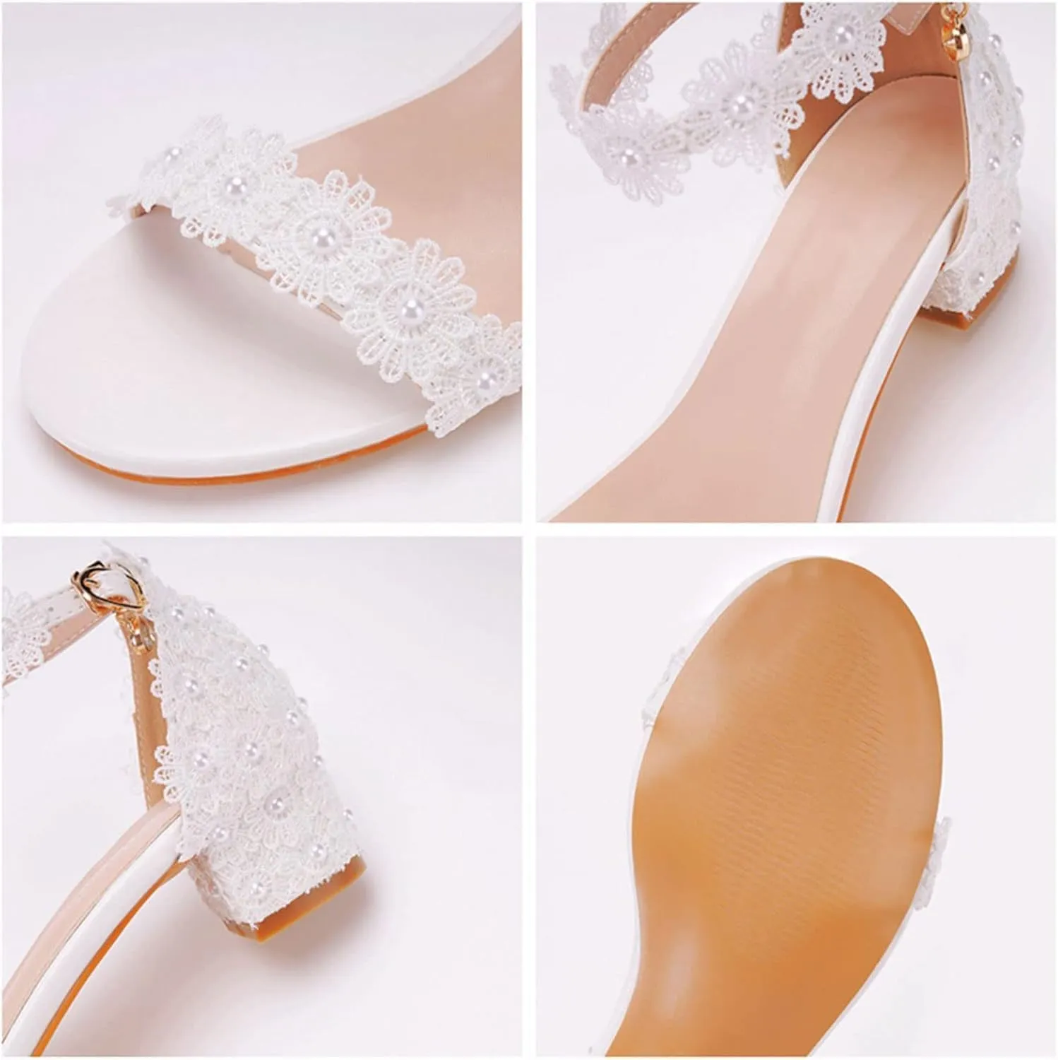 Ladies Beaded Wedding High Heels Thick Heel Sandals Wedding Shoes 7 cm Thick Heel Shallow Mouth White Lace