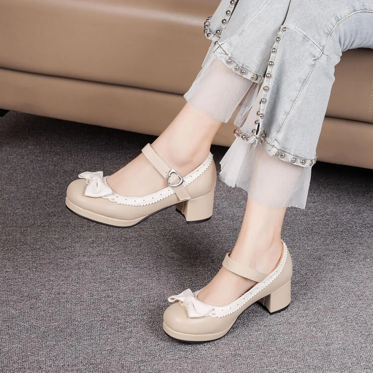 Ladies Retro Single Shoes Chunky Heel Mary Jane Shoes Bowknot College Large Size Square Women's Dress Sandals