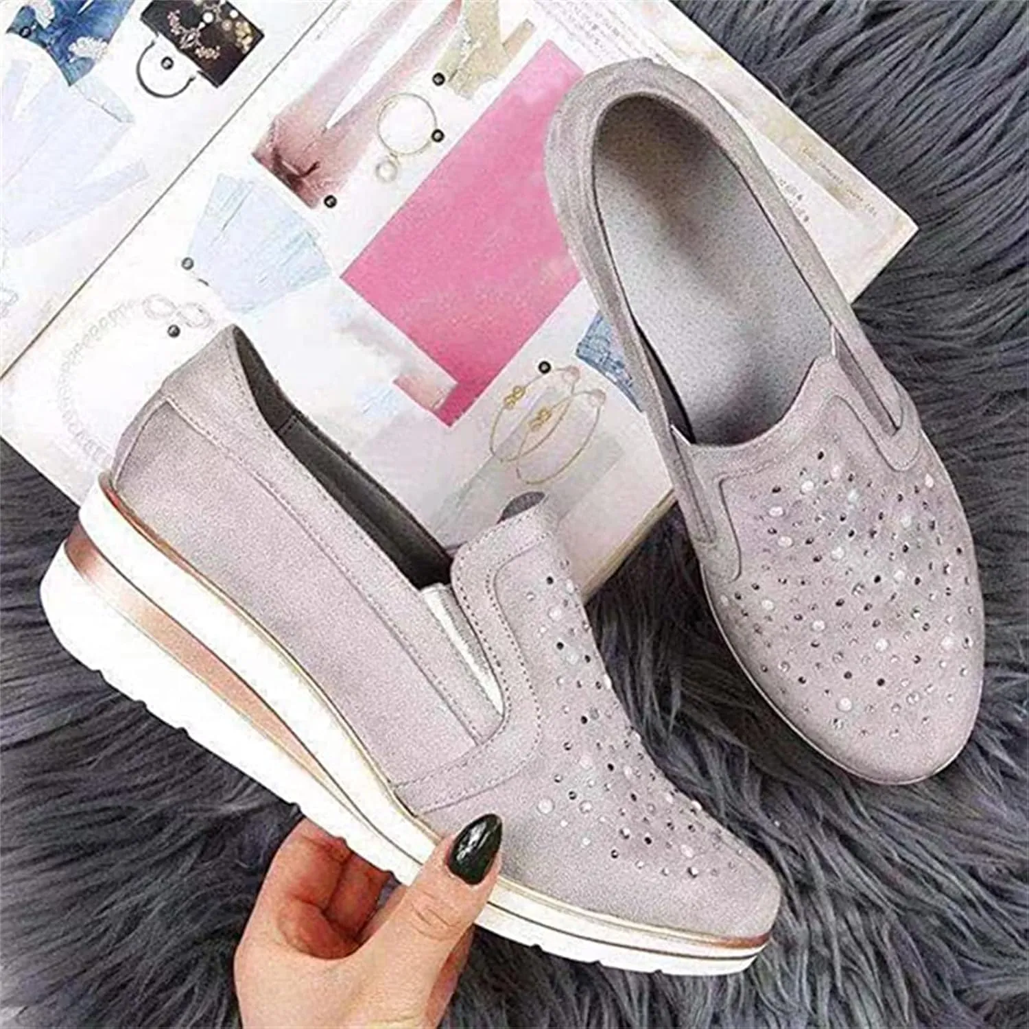 Ladmiple Sneakers For Women Walking Shoes Wide Width Sparkly Sneakers Slip On Dressy Summer Glitter Rhinestone Loafers