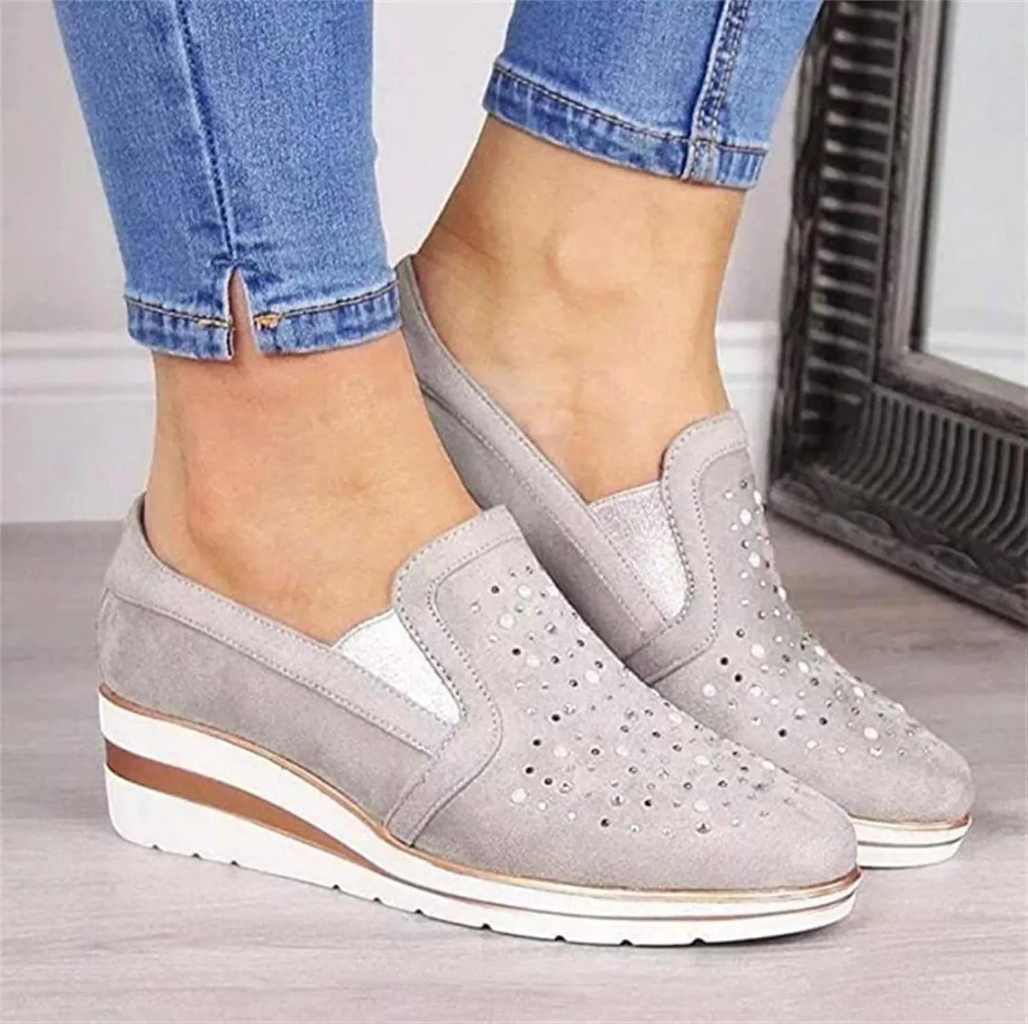 Ladmiple Sneakers For Women Walking Shoes Wide Width Sparkly Sneakers Slip On Dressy Summer Glitter Rhinestone Loafers