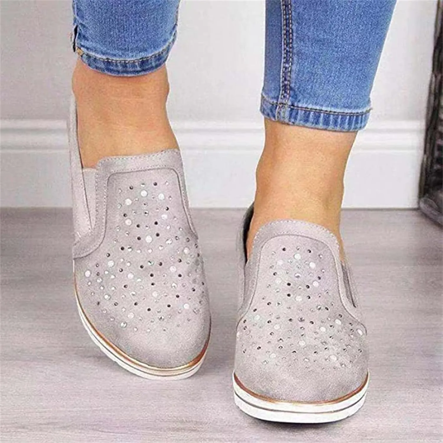 Ladmiple Sneakers For Women Walking Shoes Wide Width Sparkly Sneakers Slip On Dressy Summer Glitter Rhinestone Loafers