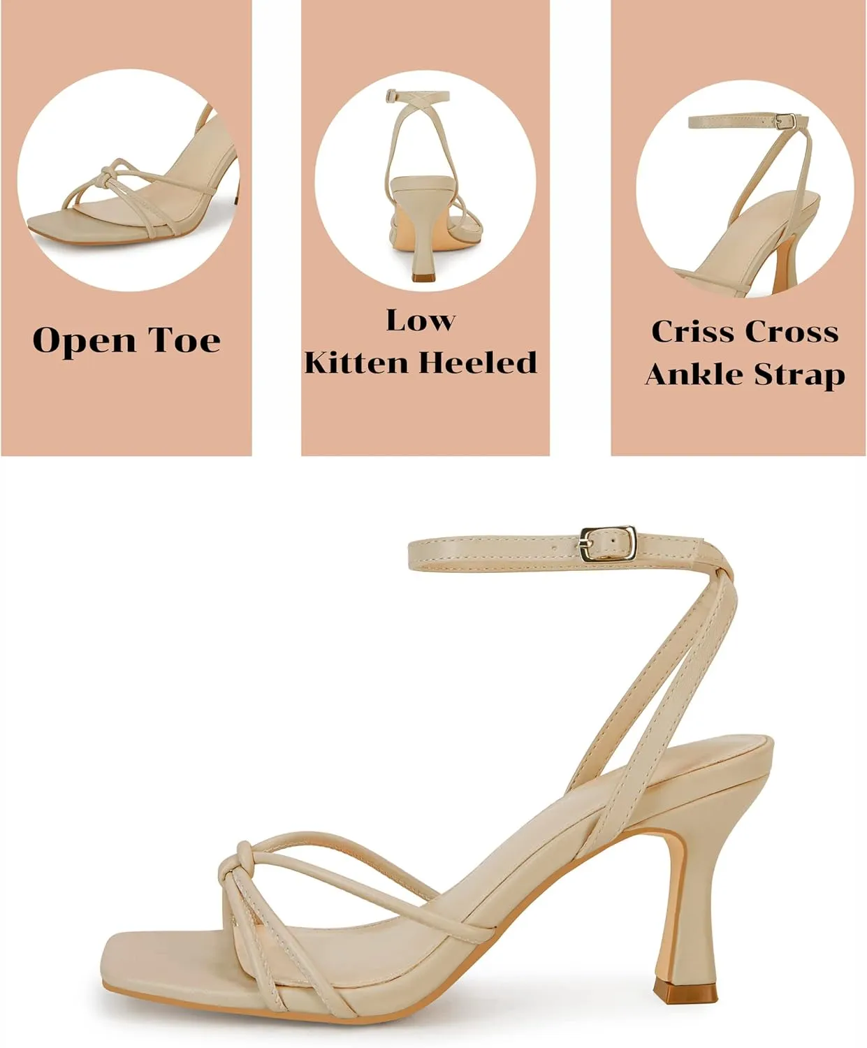 LAICIGO Women's Square Open Toe Heeled Sandals Stiletto Kitten Heel Ankle Buckle Strap Slingback Summer Dress Sandals