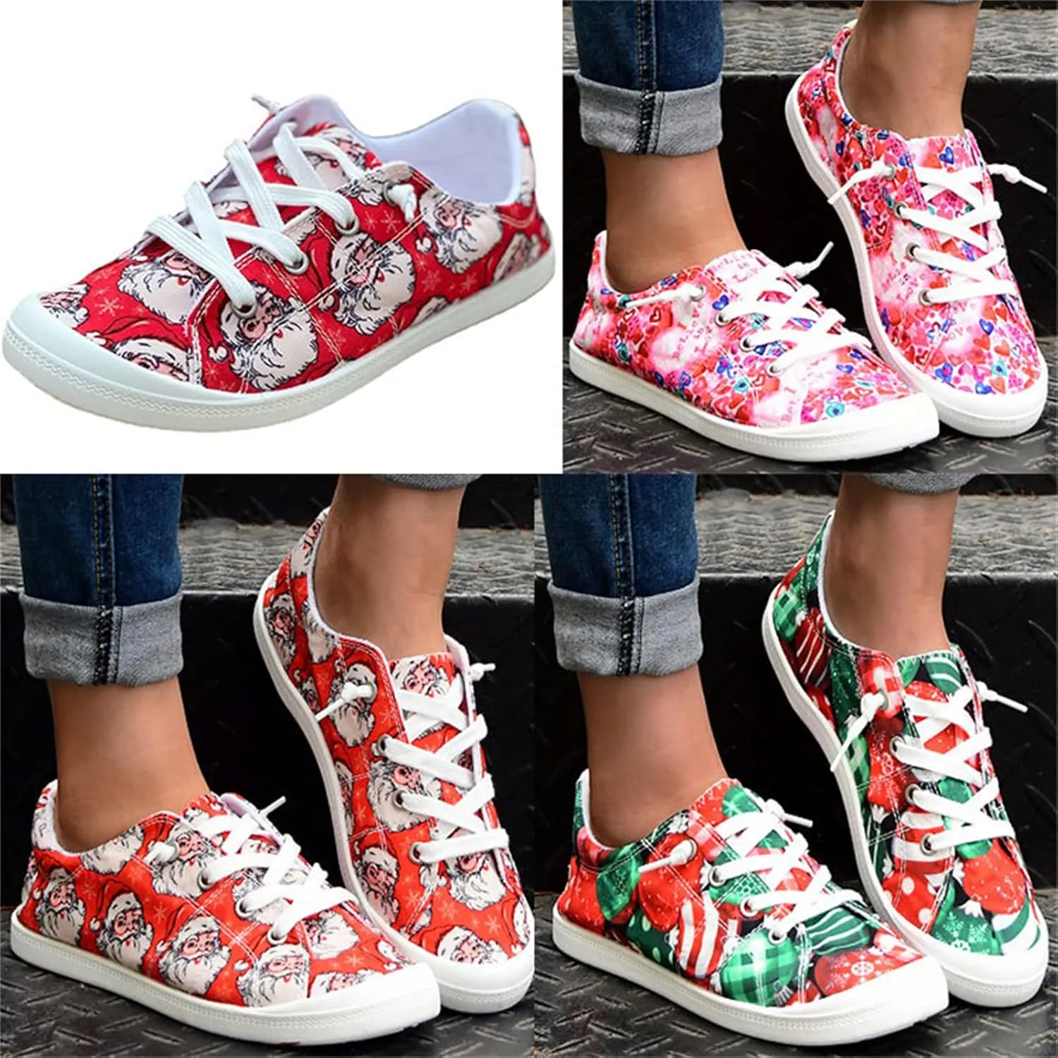 Lausiuoe Christmas Shoes For Women Flats Canvas Shoes Fashion Non-Slip Classic Casual Comfort Low Top Walking Sneakers Loafers