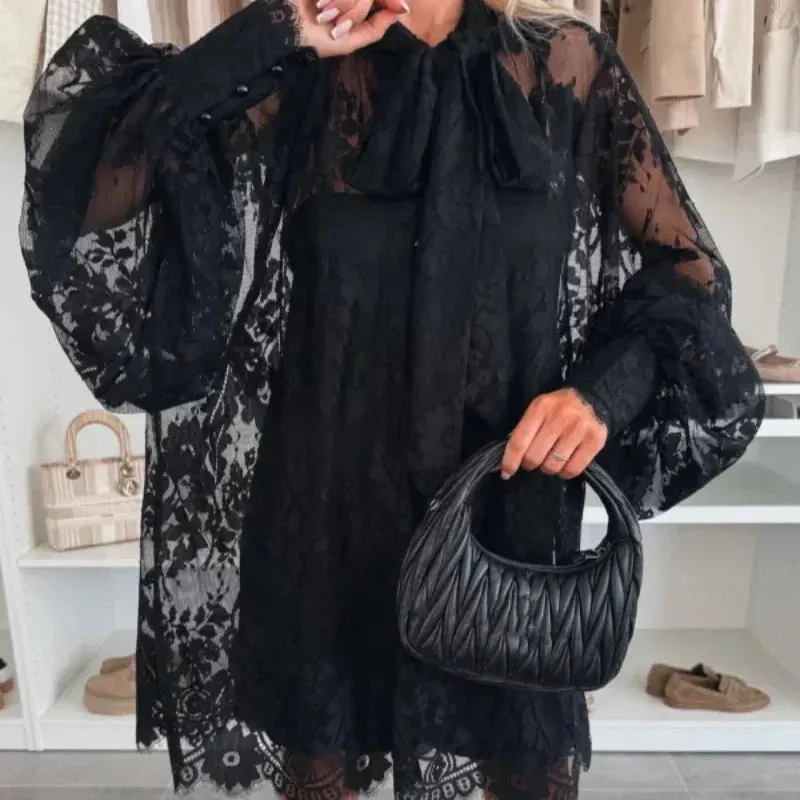 💖Limited Sale 50% OFF💖Lace Mini Dress with Bow Tie Neck