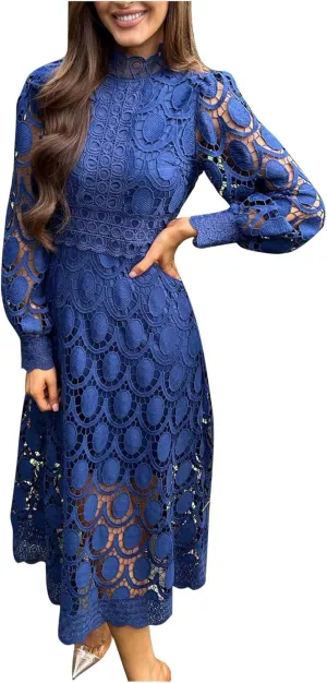 Long Dresses for Women Formal Party Long Sleeve Plain Lace Dress Causal Dressy Empire Waist Fall Dress Trendy Clothes