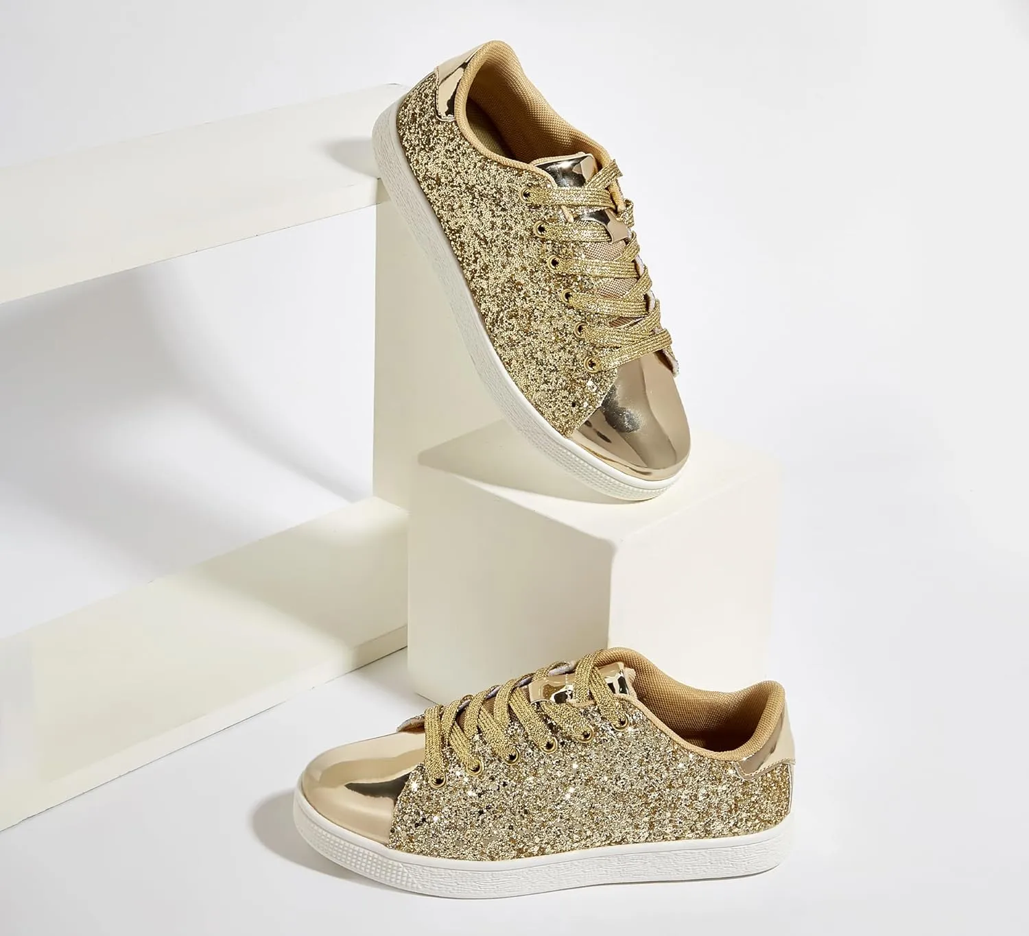 LUCKY STEP Glitter Sneakers Lace up | Fashion Sneakers | Sparkly Shoes for Women