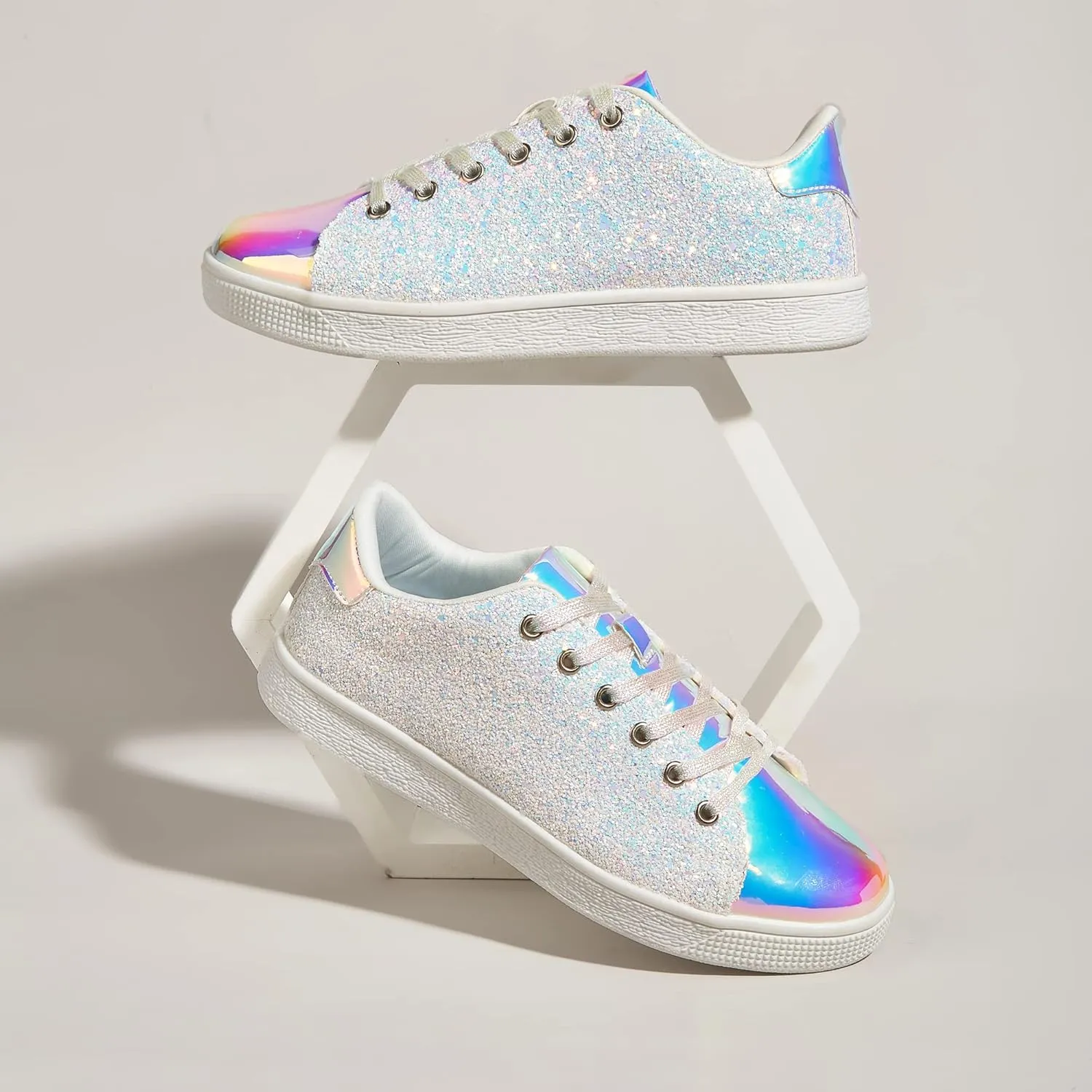 LUCKY STEP Glitter Sneakers Lace up | Fashion Sneakers | Sparkly Shoes for Women