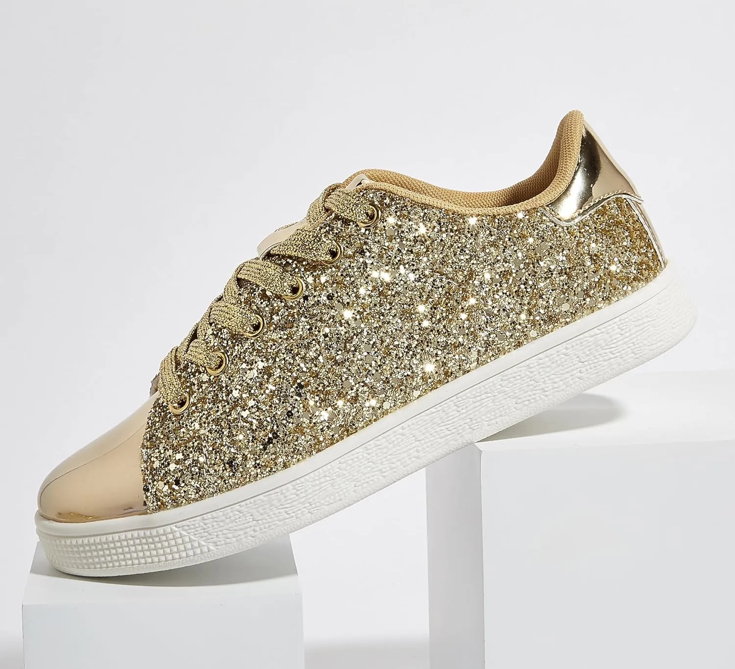 LUCKY STEP Glitter Sneakers Lace up | Fashion Sneakers | Sparkly Shoes for Women