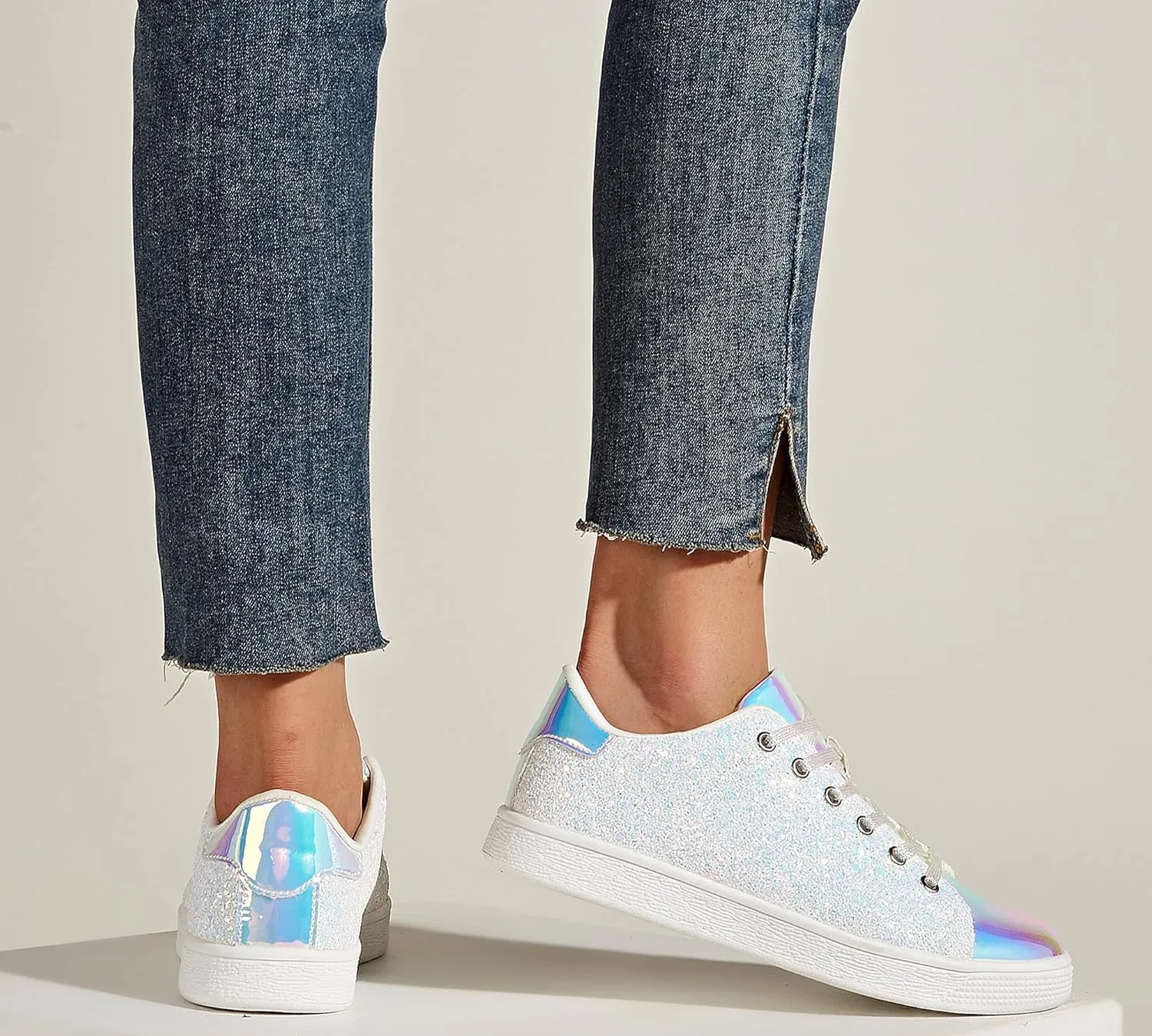 LUCKY STEP Glitter Sneakers Lace up | Fashion Sneakers | Sparkly Shoes for Women
