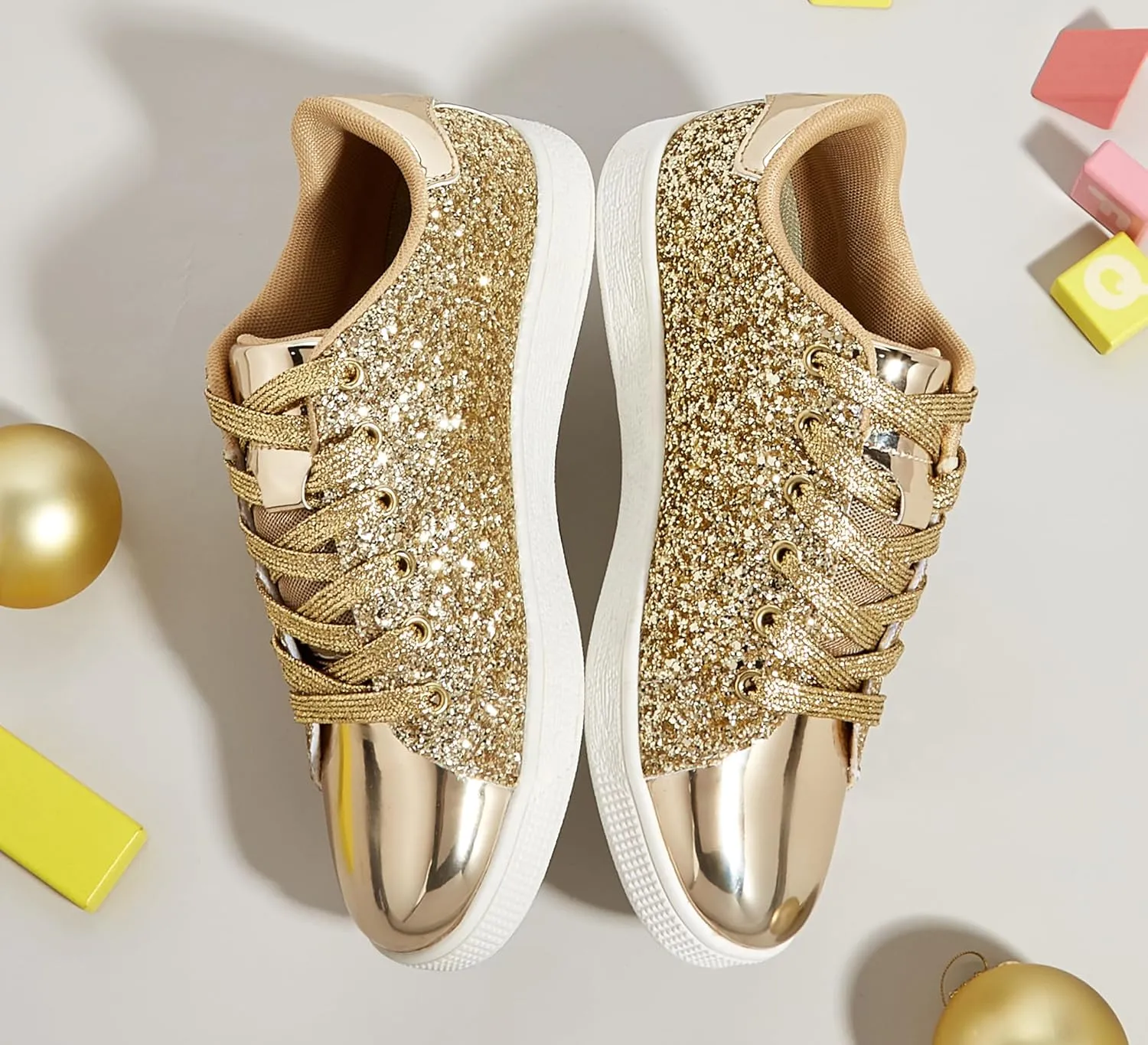 LUCKY STEP Glitter Sneakers Lace up | Fashion Sneakers | Sparkly Shoes for Women