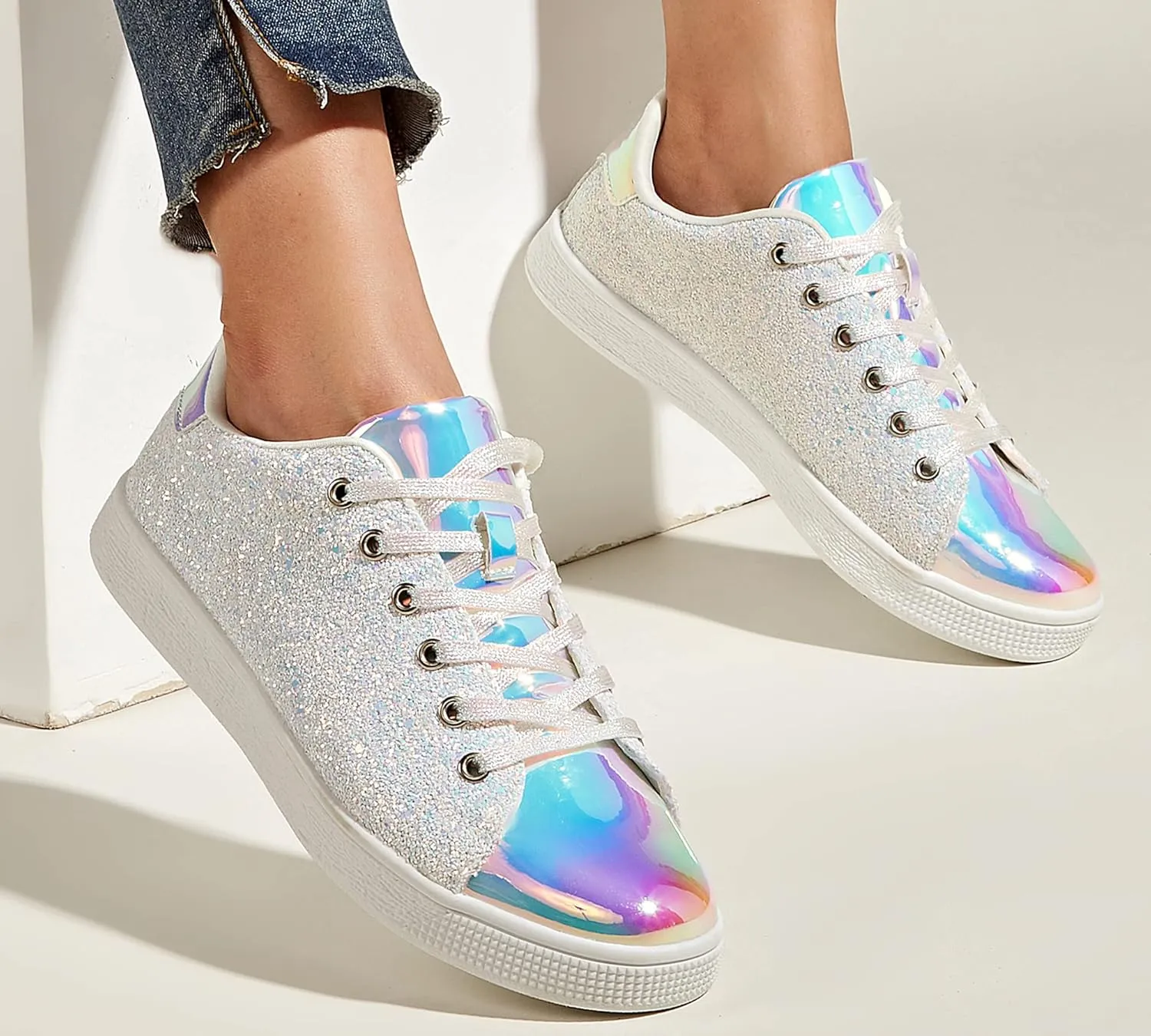 LUCKY STEP Glitter Sneakers Lace up | Fashion Sneakers | Sparkly Shoes for Women