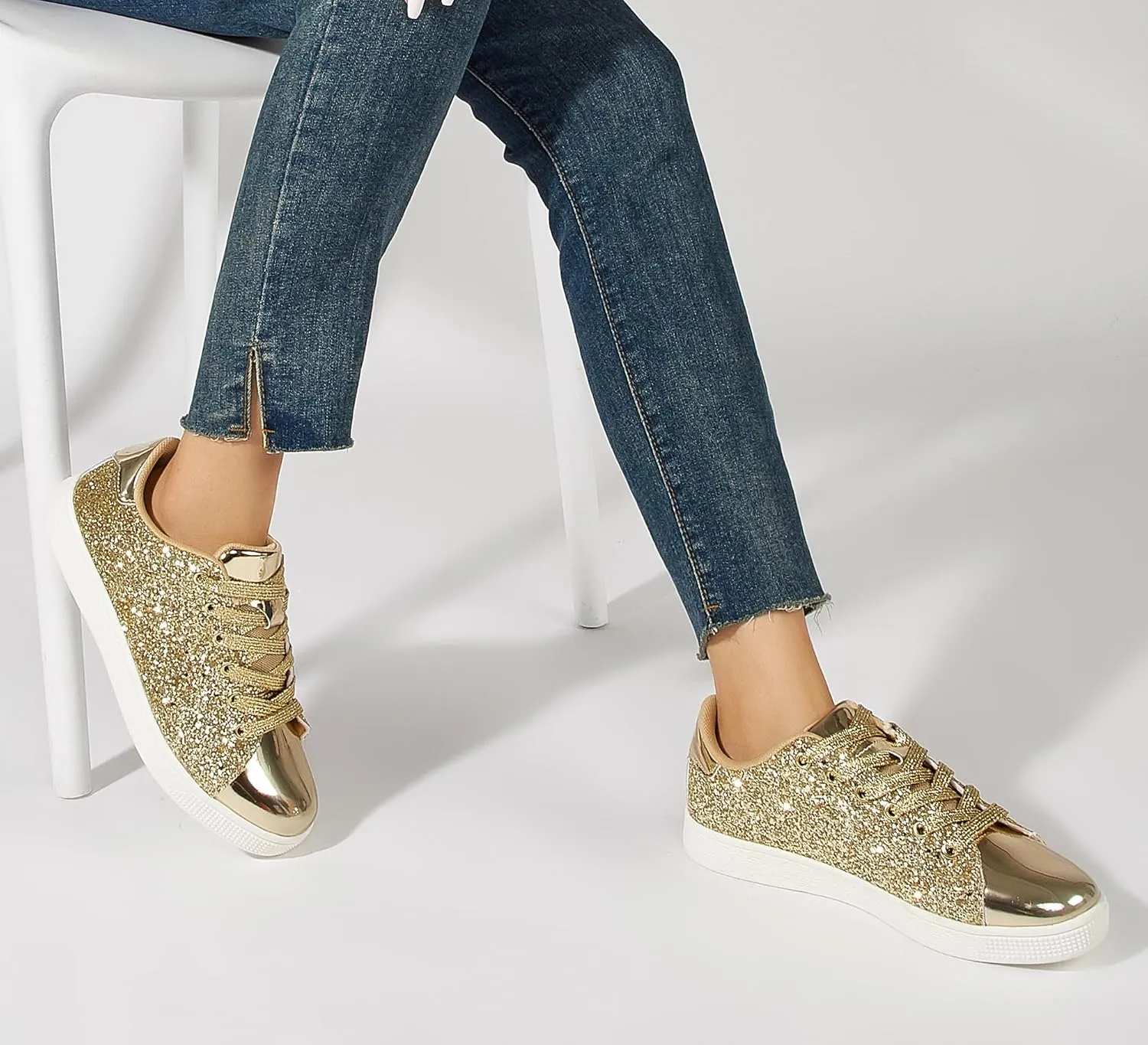 LUCKY STEP Glitter Sneakers Lace up | Fashion Sneakers | Sparkly Shoes for Women