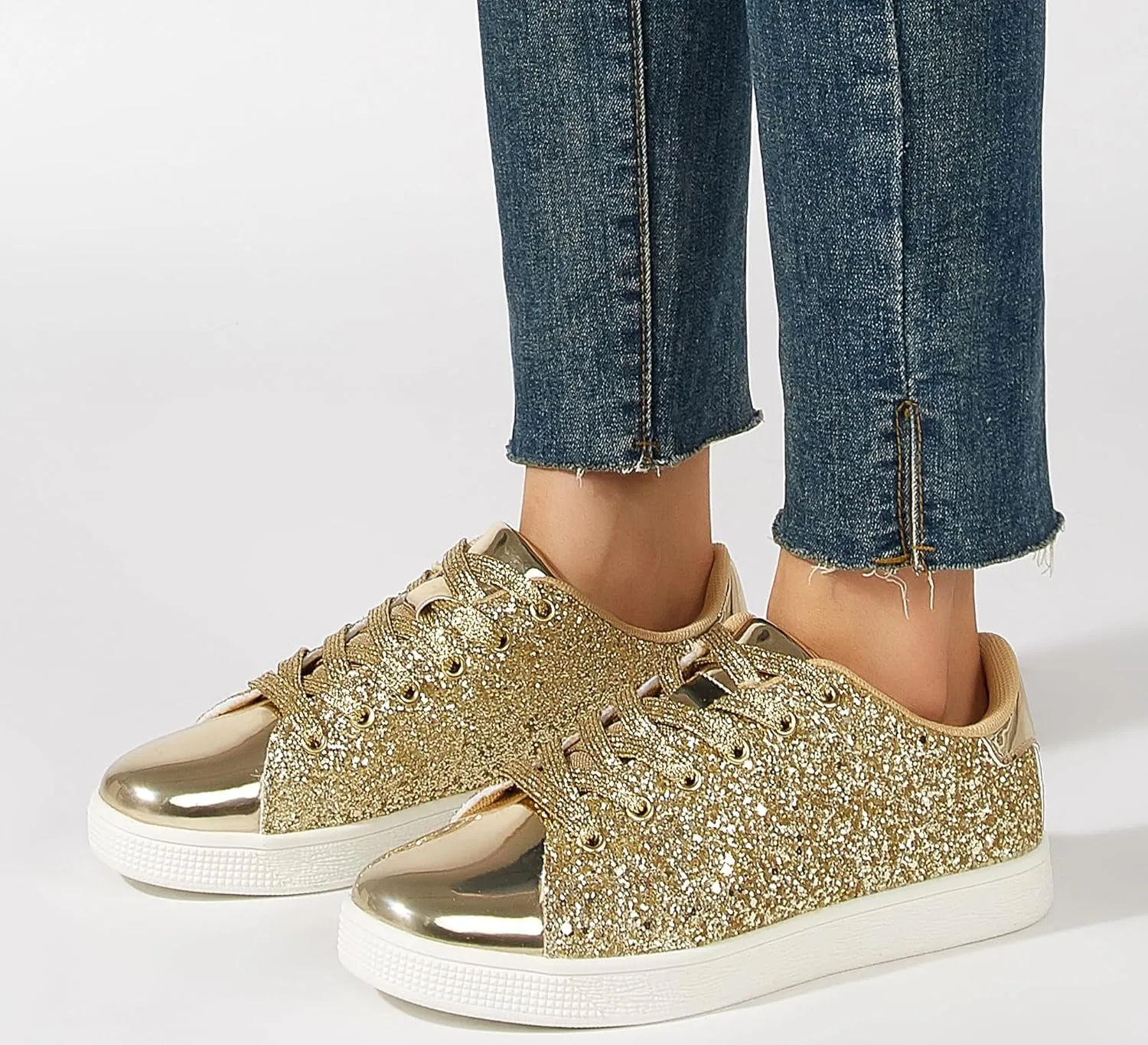 LUCKY STEP Glitter Sneakers Lace up | Fashion Sneakers | Sparkly Shoes for Women