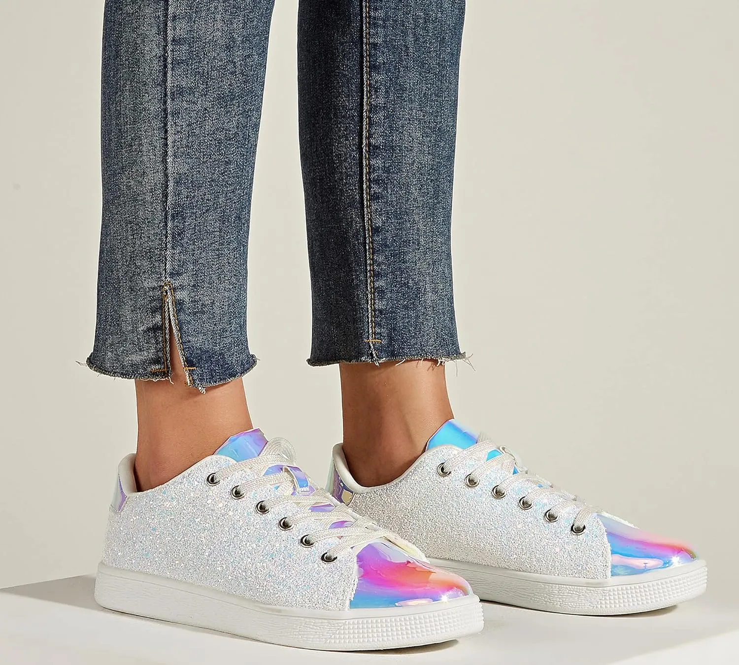 LUCKY STEP Glitter Sneakers Lace up | Fashion Sneakers | Sparkly Shoes for Women