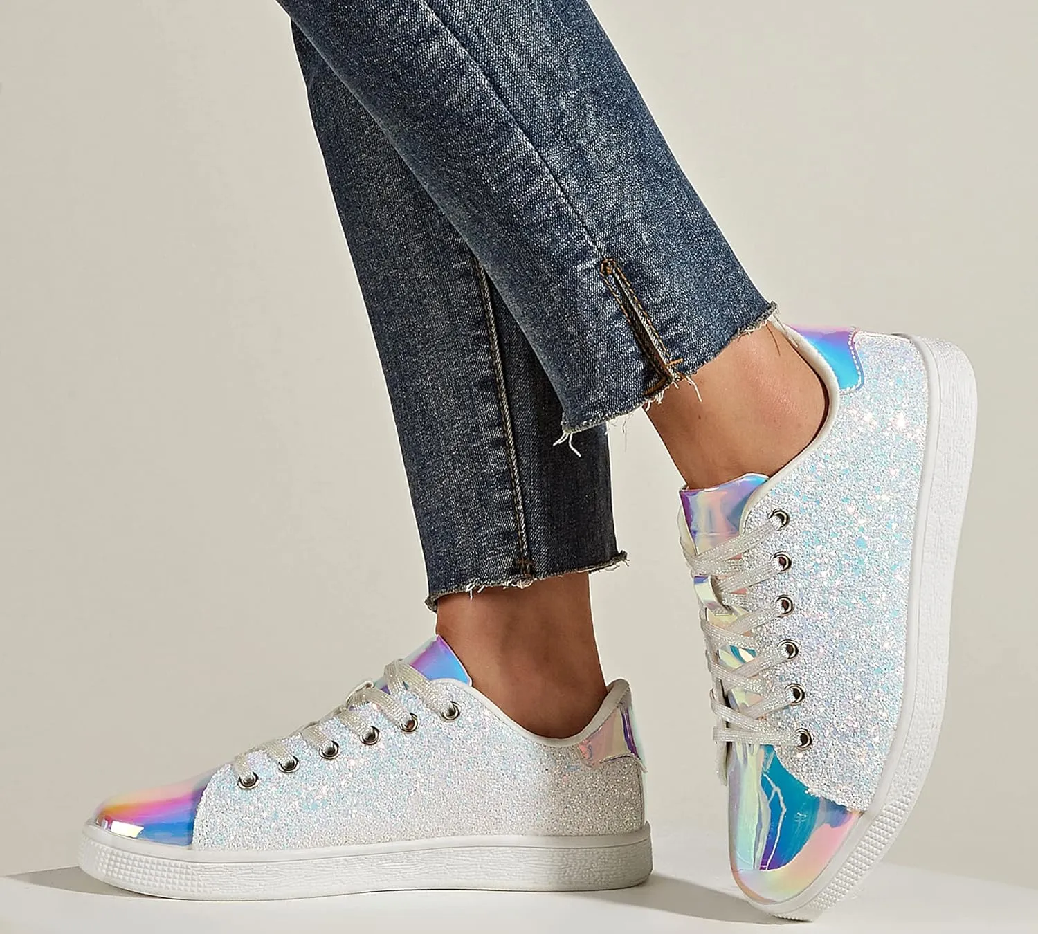 LUCKY STEP Glitter Sneakers Lace up | Fashion Sneakers | Sparkly Shoes for Women