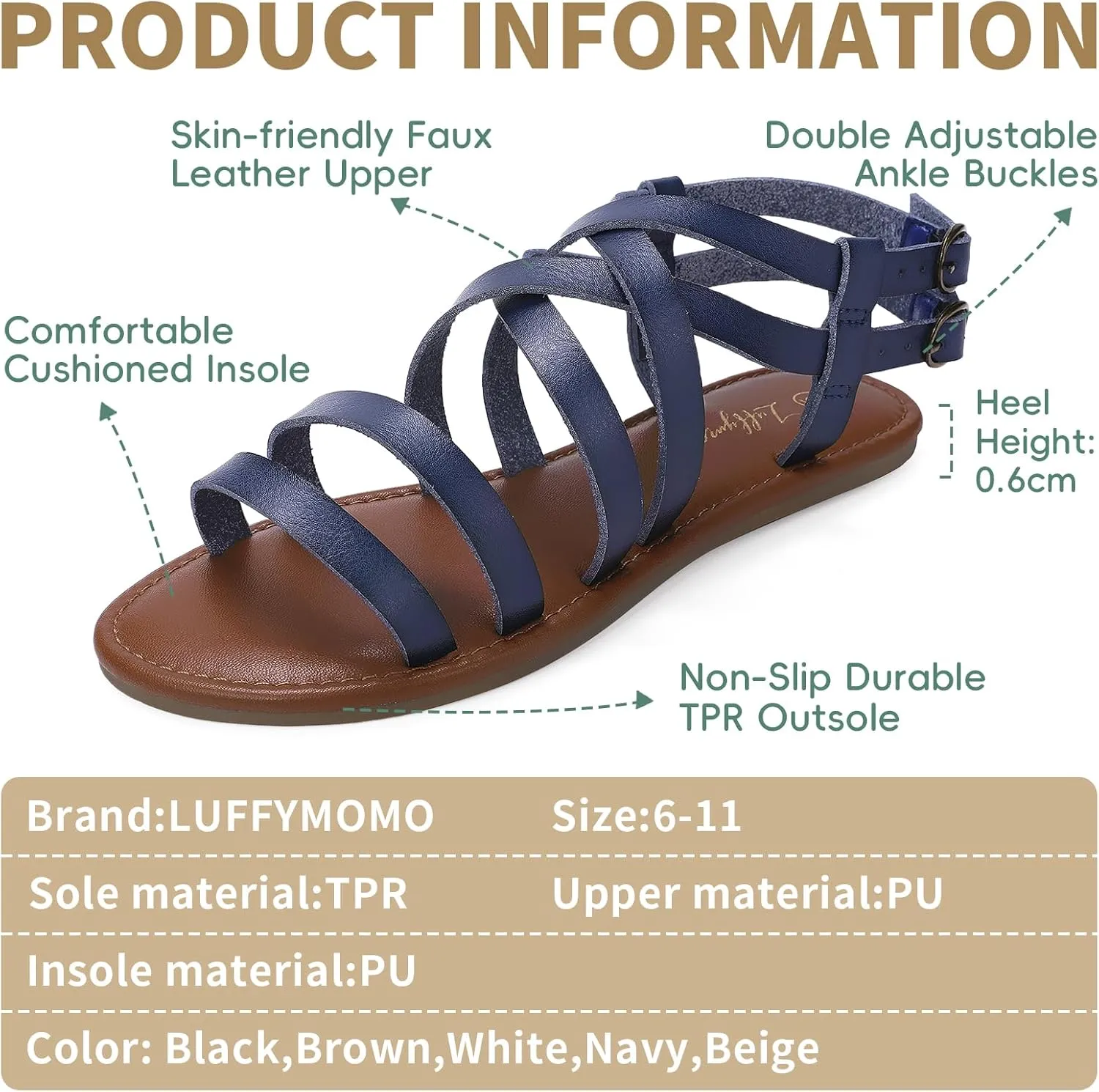 Luffymomo Women's Flat Sandals Open Toe Casual Strappy Sandals Comfortable Ankle Strap Gladiator Slides