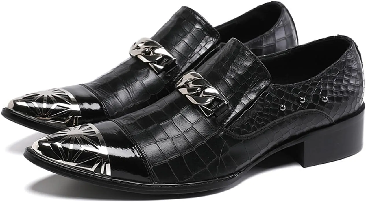 Mens Dress Shoes, Casual Loafers Cowhide Shoes Genuine Leather Crocodile Pattern Large Size Low Top Metal Toe Slip-Ons Breathable Shoes