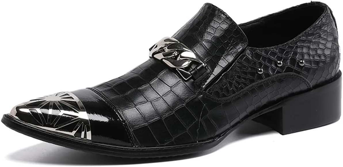 Mens Dress Shoes, Casual Loafers Cowhide Shoes Genuine Leather Crocodile Pattern Large Size Low Top Metal Toe Slip-Ons Breathable Shoes
