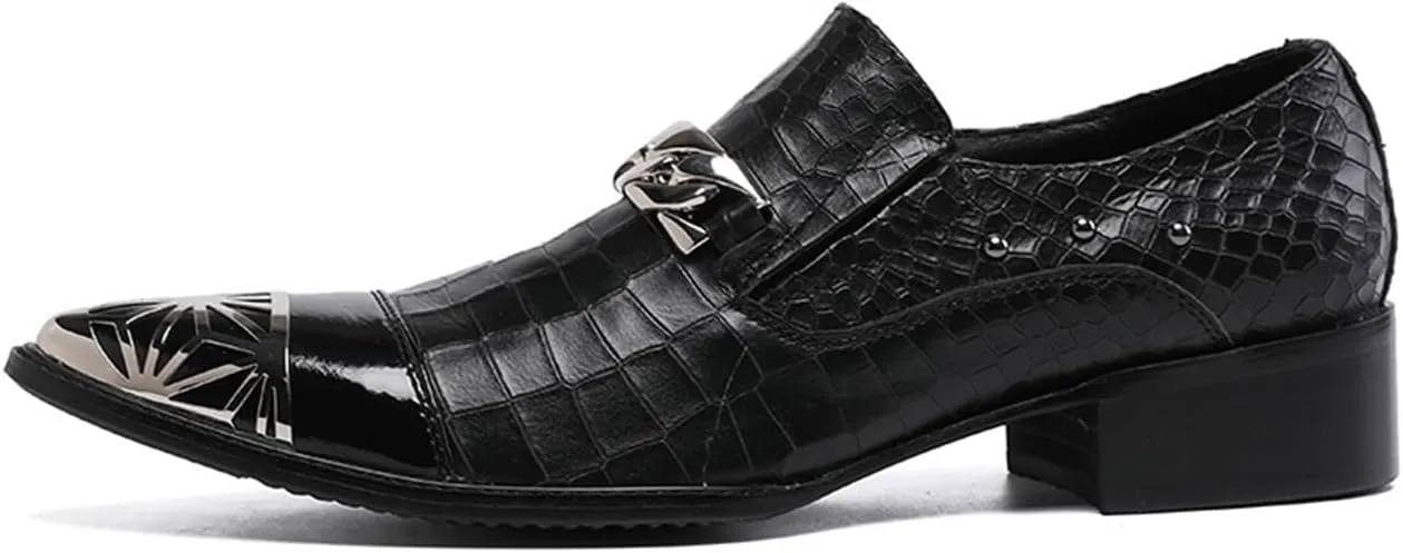 Mens Dress Shoes, Casual Loafers Cowhide Shoes Genuine Leather Crocodile Pattern Large Size Low Top Metal Toe Slip-Ons Breathable Shoes