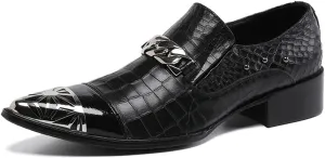 Mens Dress Shoes, Casual Loafers Cowhide Shoes Genuine Leather Crocodile Pattern Large Size Low Top Metal Toe Slip-Ons Breathable Shoes