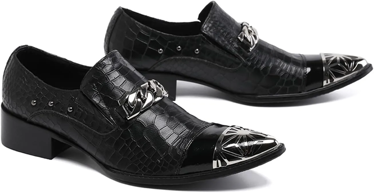 Mens Dress Shoes, Casual Loafers Cowhide Shoes Genuine Leather Crocodile Pattern Large Size Low Top Metal Toe Slip-Ons Breathable Shoes