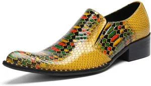 Mens Dress Shoes, Loafers Plus Size Genuine Leather Crocodile Pattern Slip on Casual Business Low Top Pointed Toe Breathable Suit Shoes, 46 EU,Yellow