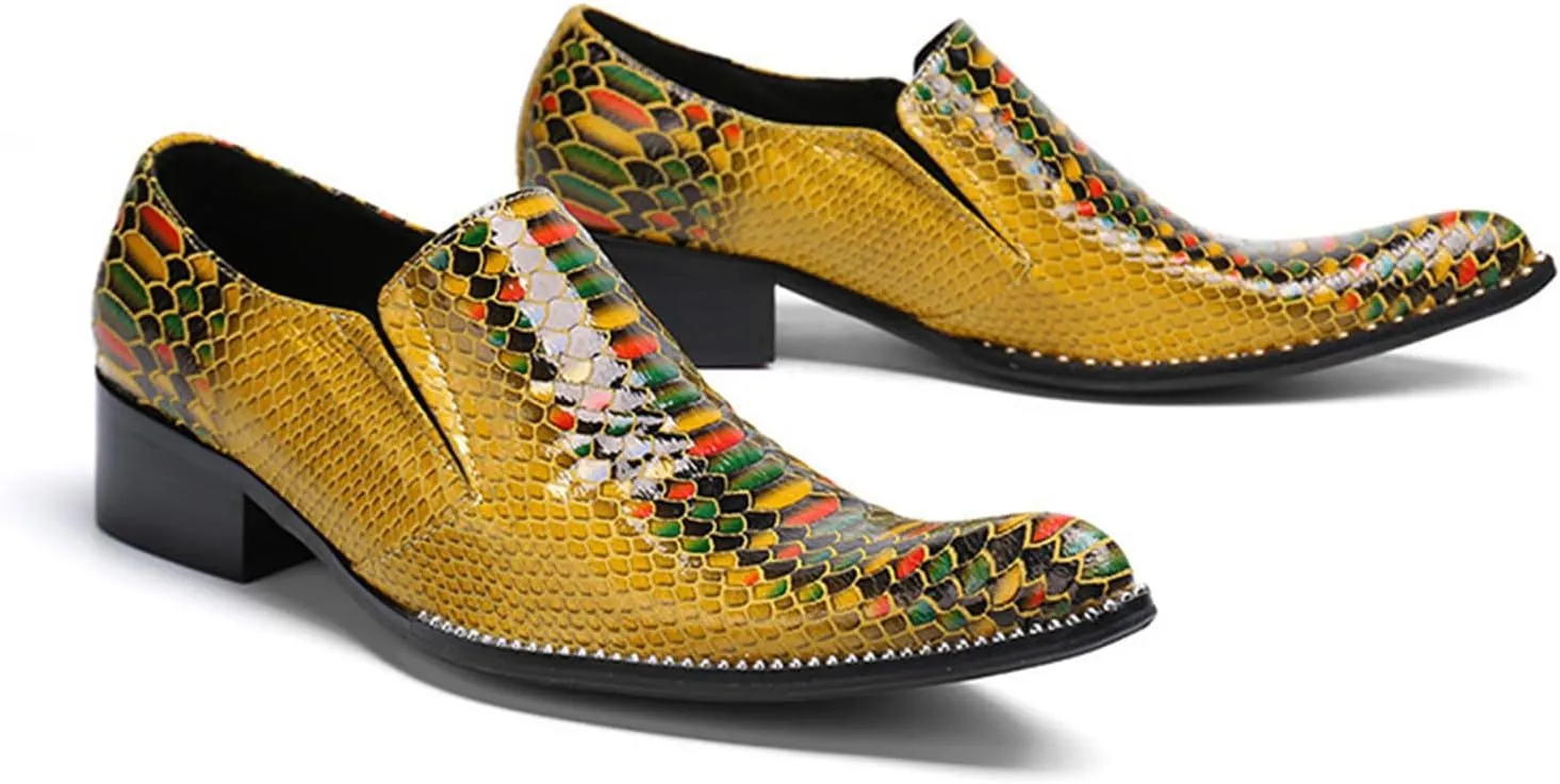 Mens Dress Shoes, Loafers Plus Size Genuine Leather Crocodile Pattern Slip on Casual Business Low Top Pointed Toe Breathable Suit Shoes, 46 EU,Yellow