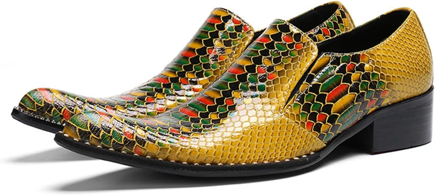 Mens Dress Shoes, Loafers Plus Size Genuine Leather Crocodile Pattern Slip on Casual Business Low Top Pointed Toe Breathable Suit Shoes, 46 EU,Yellow