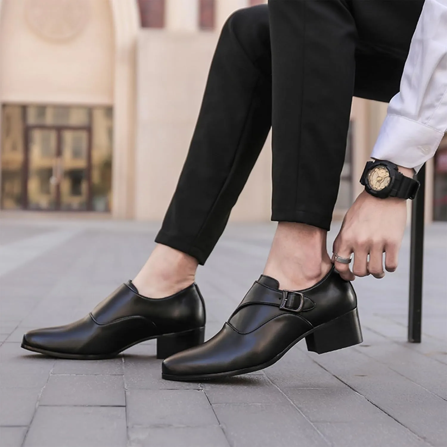 Men's Genuine Leather Chunky Heel Monk Strap Oxford Loafers Fashion Pointed Toe Slip-On Low Top Chelsea Boots Dress Heels for Business Wedding Party