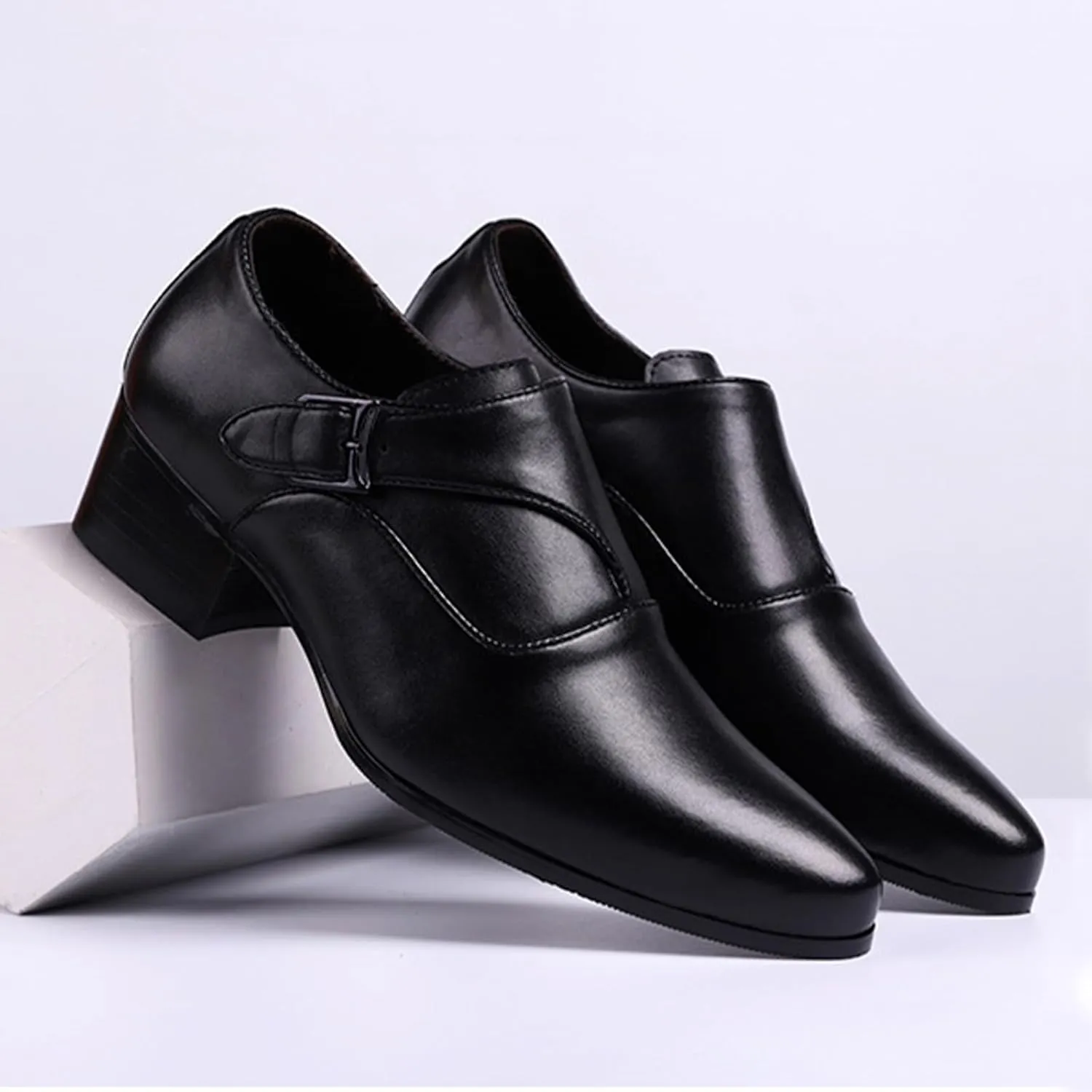 Men's Genuine Leather Chunky Heel Monk Strap Oxford Loafers Fashion Pointed Toe Slip-On Low Top Chelsea Boots Dress Heels for Business Wedding Party