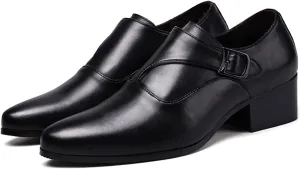 Men's Genuine Leather Chunky Heel Monk Strap Oxford Loafers Fashion Pointed Toe Slip-On Low Top Chelsea Boots Dress Heels for Business Wedding Party