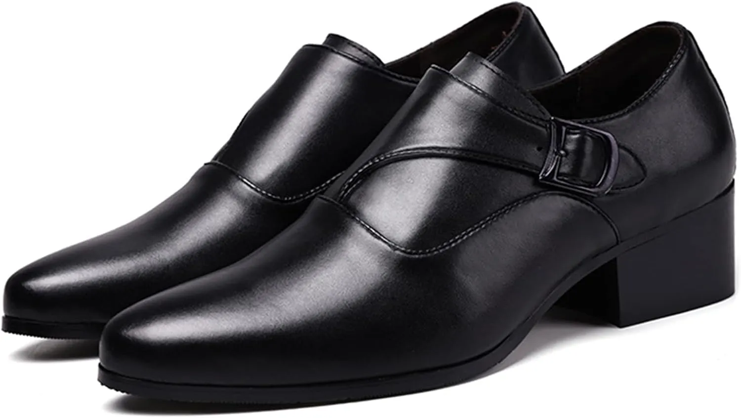 Men's Genuine Leather Chunky Heel Monk Strap Oxford Loafers Fashion Pointed Toe Slip-On Low Top Chelsea Boots Dress Heels for Business Wedding Party