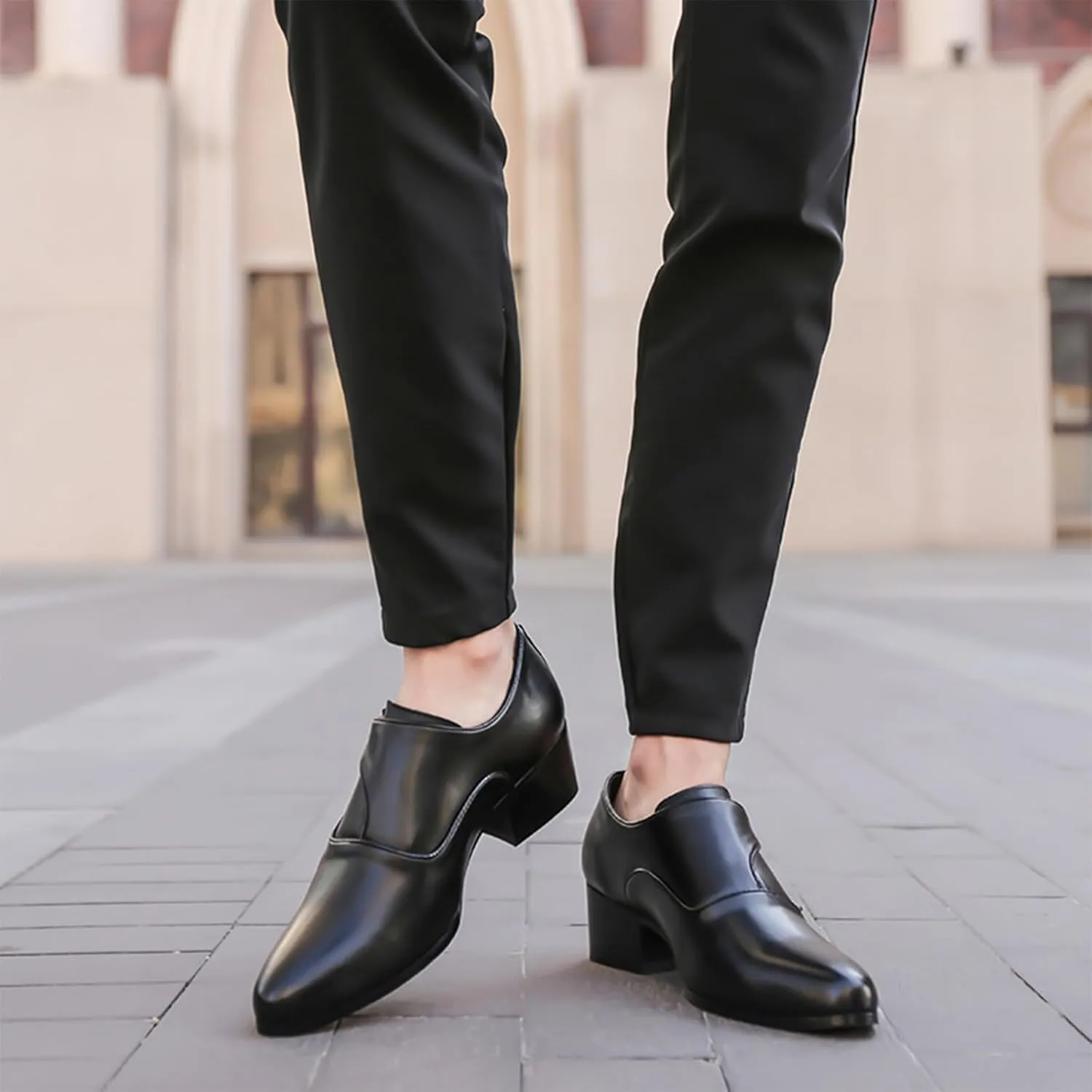 Men's Genuine Leather Chunky Heel Monk Strap Oxford Loafers Fashion Pointed Toe Slip-On Low Top Chelsea Boots Dress Heels for Business Wedding Party