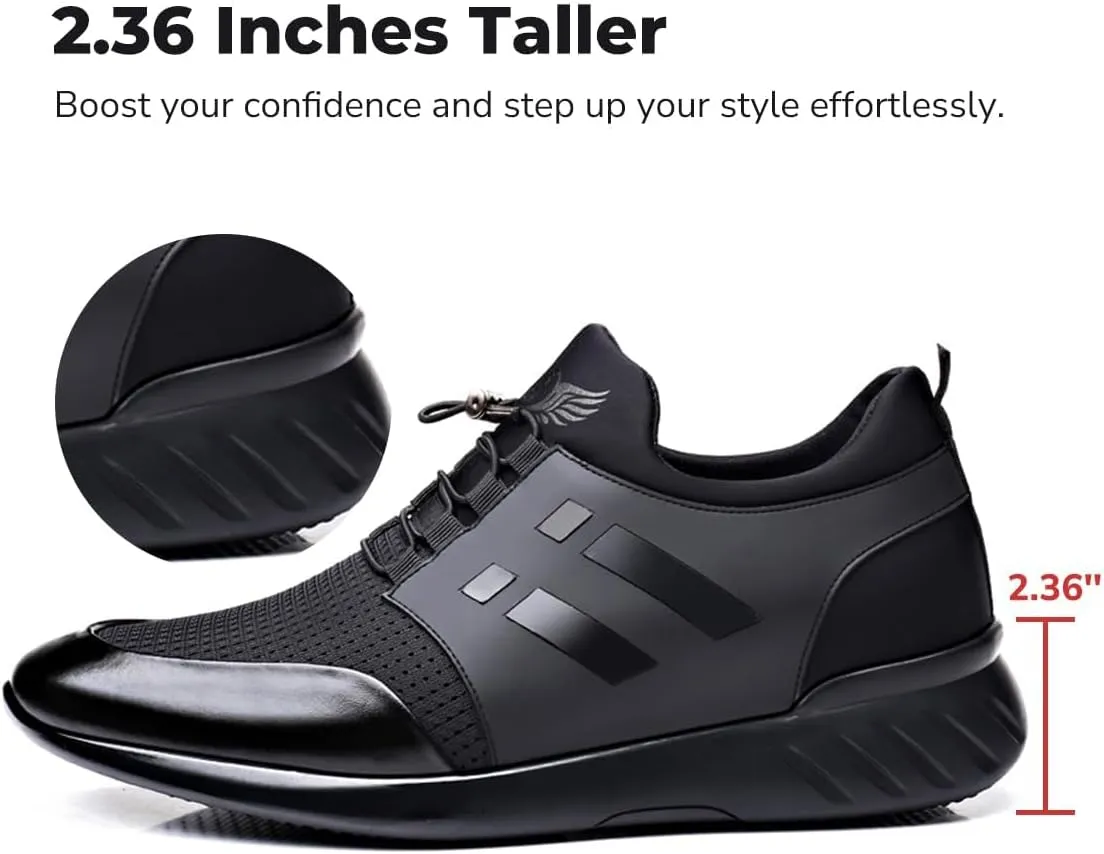Men's Height Increasing Elevator Shoes Leather Knitted Slip-on Fashion Sneakers 2.36 Inches Taller