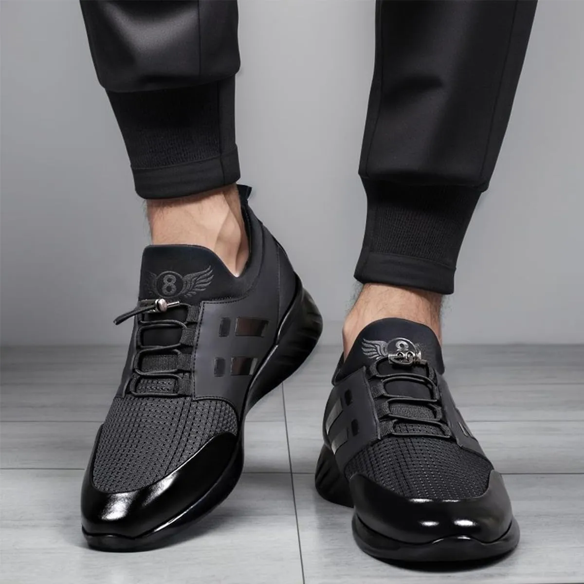 Men's Height Increasing Elevator Shoes Leather Knitted Slip-on Fashion Sneakers 2.36 Inches Taller